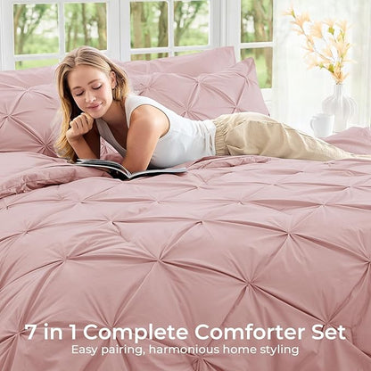 Sasttie Full Size Comforter Set, 7-Piece Bed in a Bag, Pintuck Bedding Set for All Season, Includes Comforter, Flat Sheet, Fitted Sheet, Pillowcases and Pillowshams, Rose Gold