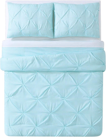 My World Printed Gingham Pinch Pleat Kids Comforter Set, Twin XL, White/Aqua