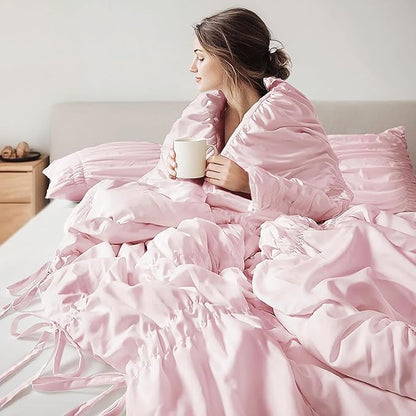 Intelligent Design King Comforter Set Ruched Shabby Chic Comforters for King Size Bed, All Season Lightweight Comforter King, French Country Bedding Set, Shams, Ella, King/Cal King, Pink 3 Piece