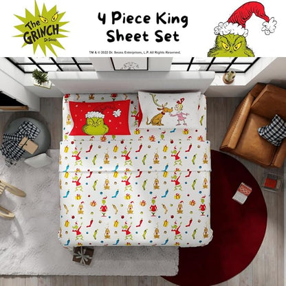 Collectibles Dr. Seuss The Grinch Holiday & Christmas Bedding Super Soft Microfiber 4 Piece King Sheet Set, (Officially Licensed Product) By Franco