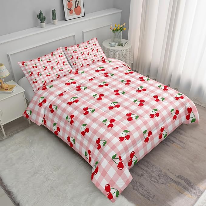 Red Cherry Gingham Bedding Twin Size,Cute Cherry Fruit Comforter Set for Kids Girls Women,3Pcs Pink Grid with Summer Fruit Bedding for Girls,Kawaii Plaid Quilt 1 Comforter 2 Pillowcases
