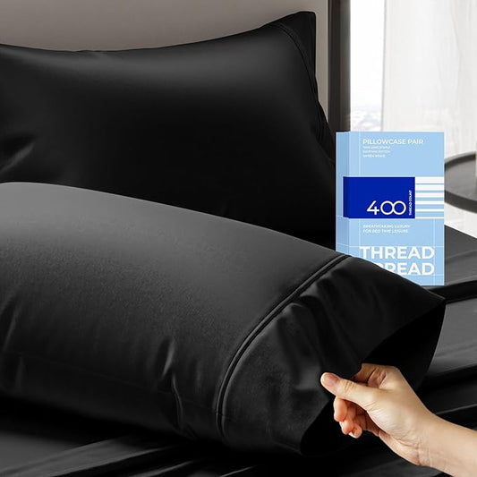 THREAD SPREAD 100% Cotton Pillow Cases Queen Size Set of 2 - Luxury 400 Thread Count Queen Pillow Cases (Black), Soft Cooling Breathable Hotel Quality Cotton Pillowcases, Fits Standard Pillows