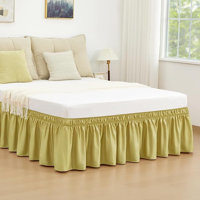 RIMELA Bed Skirt Queen Size Gold Green 15 Inch Drop, Wrap Around Elastic Bedskirt, Dust Ruffle for Adjustable Bed Base Soft Durable Fabric Machine Washable Easy to Install Bed Skirts