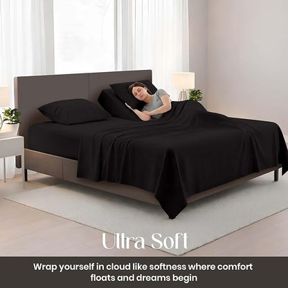 SGI bedding Adjustable Split Head Flex Top Cal King 34" Microfiber Sheet Set – Ultra Soft, Cooling & Deep Pocket 15” Fitted, 4-Piece Breathable & Durable Bedding Set for Split Cal King Beds -Black