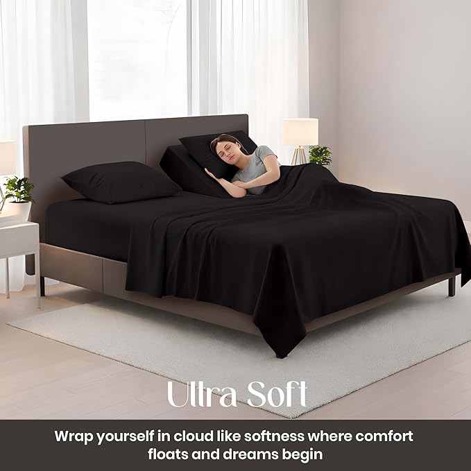 SGI bedding Adjustable Split Head Flex Top Queen 32" Microfiber Sheet Set – Ultra Soft, Cooling & Deep Pocket 15” Fitted, 4-Piece Breathable & Durable Bedding Set for Split Queen Beds -Black