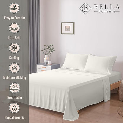 Bella Coterie Luxury Bamboo Viscose Cal King Size Sheet Set | 100% Organically Grown | Ultra Soft | Cooling for Hot Sleepers | 18" Deep Pocket [Ivory]