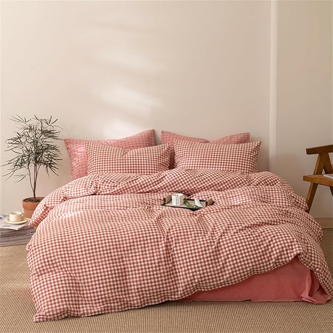 mixinni Orange Gingham Comforter Set King, Plaid Comforter Set 3 Pieces 1 Orange Grid Comfoter with 2 Pillow Cases for All Seasons, Soft Fluffy Modern Grid Pattern Printed Bedding-King Size