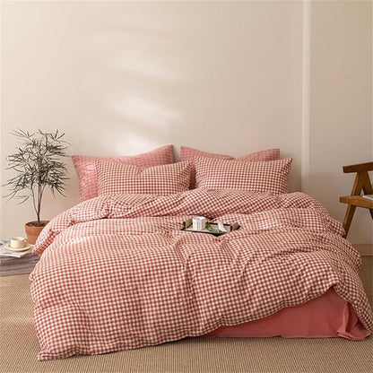 mixinni Orange Gingham Comforter Set King, Plaid Comforter Set 3 Pieces 1 Orange Grid Comfoter with 2 Pillow Cases for All Seasons, Soft Fluffy Modern Grid Pattern Printed Bedding-King Size