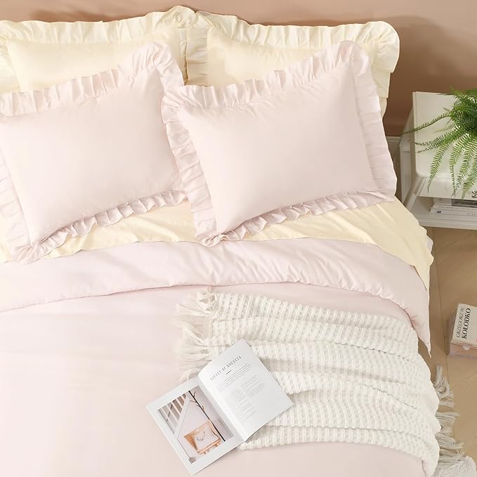 Litanika Light Pink Twin Size Comforter Sets, 2 Pieces Ruffle Farmhouse Aesthetic Bedding Comforter Sets, All Season Soft Lightweight Fluffy Microfiber Bed Set(66x90In Comforter, 1 Pillowcase)