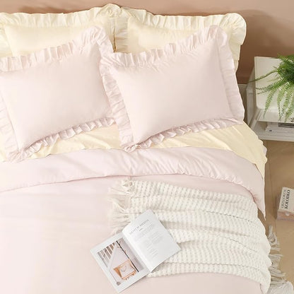 Litanika Light Pink Twin Size Comforter Sets, 2 Pieces Ruffle Farmhouse Aesthetic Bedding Comforter Sets, All Season Soft Lightweight Fluffy Microfiber Bed Set(66x90In Comforter, 1 Pillowcase)