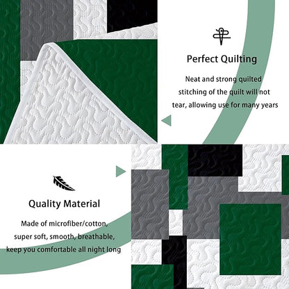 3 Piece Green Quilt Set Full/Queen Size Christmas Green Black Geometric Reversible Bedding Set Microfiber Lightweight Bedspread Coverlet with 2 Shams Modern Bed Cover for All Season, 90''x96''