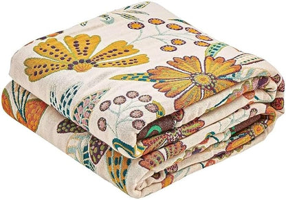 Boho Throw Blanket, 100% Cotton Ultra Soft Luxury Throw Rustic Quilt, 80"x90" Floral Printed Farmhouse Decor Bed Summer Blankets, All Season Rustic Reversible Bohemian Throw for Bed - White