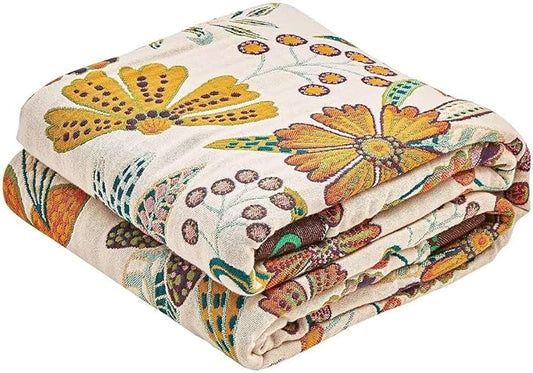 Boho Throw Blanket, 100% Cotton Ultra Soft Luxury Throw Rustic Quilt, 80"x90" Floral Printed Farmhouse Decor Bed Summer Blankets, All Season Rustic Reversible Bohemian Throw for Bed - White