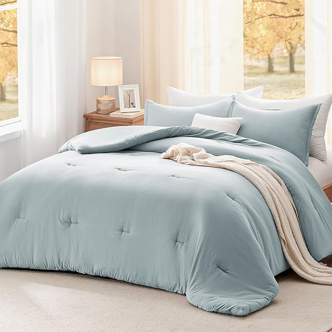 Oversized Queen Comforter Set Mist Blue, Extra Length Fit for Thick Mattresses,3PCS Bedding Comforter for All Season, Oversized Queen Size(98''×98'' Comforter & 2 Pillowcases)