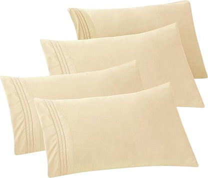 Elegant Comfort 4-PACK Solid Pillowcases 1500 Premium Hotel Quality Microfiber - Smooth Weave, Wrinkle and Stain Resistant, Easy Slip-On, 4-Piece Set, Standard/Queen Pillowcase, Cream