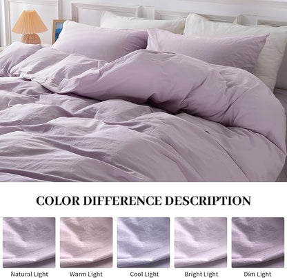 NEXHOME PRO Duvet Cover Set King Size Linen Feel Textured Organic Natural 100% Washed Cotton Duvet Cover Purple Lavender Lilac 3 Pieces Bedding Set with Zipper Closure, Breathable (No Comforter)
