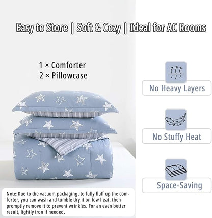 Blue Cotton Comforter Queen Size 3Pcs - White Doodle Style Stars on Denim Blue Front, Gray Stripes on Back, Reversible Lightweight Bedding Sets with Soft Fill(Queen, 90"×90")