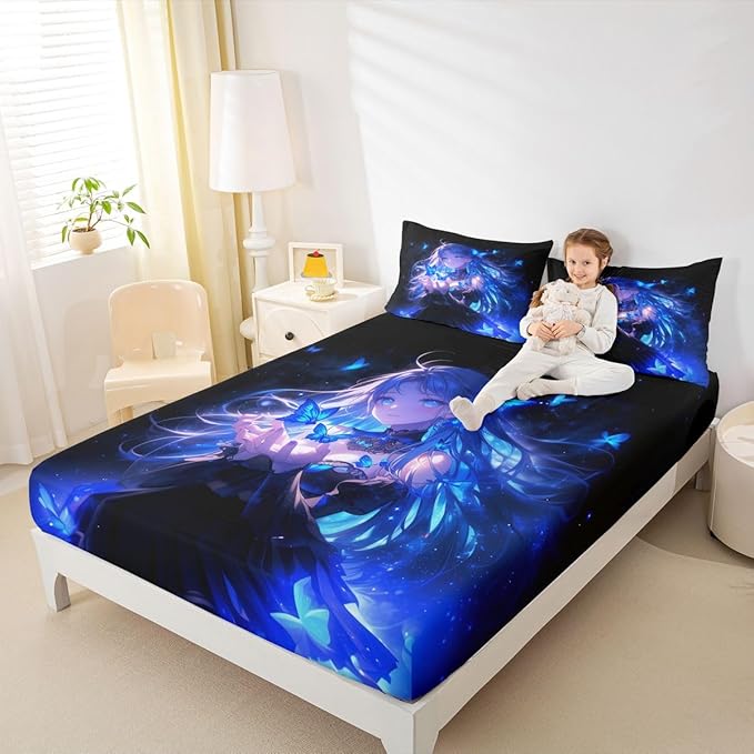Erosebridal 3D Japanese Girl Fitted Sheet for Boys Girls Kids Blue Butterfly Decorations Queen Bed Sheets,Cartoon Sheets Anime Gifts for Her Bedding Sets, No Top Sheet