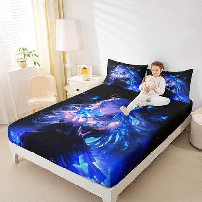 Erosebridal 3D Japanese Girl Fitted Sheet for Boys Girls Kids Blue Butterfly Decorations Full Bed Sheets,Cartoon Sheets Anime Gifts for Her Bedding Sets, No Top Sheet