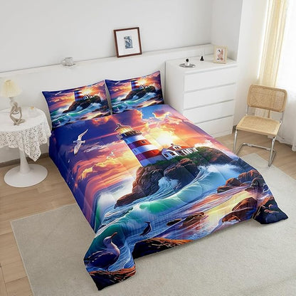 Castle Fairy 3D Lighthouse Comforter Set Full Size Dreamy Sunset Sky Bedding Set Toddler Bedroom Decor Natural Coastal Scenery All Season Quilt Set Ocean Wave Bedding Comforter Sets,3Pcs