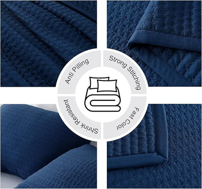 XL King Quilt Set – 108"x98" Soft Washed 3-Layer Lightweight Bedspread with Multi-Lock Quilting,Minimalist Nordic Bedding, All-Season Quilt for Spring,Summer & Fall(1 Quilt + 2 Pillow Shams),Dark Blue