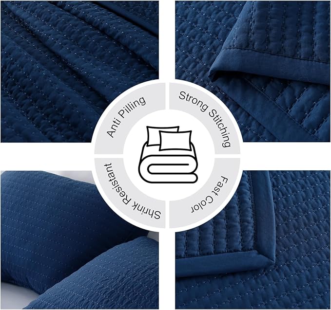 Twin Quilt Set – 68"x86" Soft Washed 3-Layer Lightweight Bedspread with Multi-Lock Quilting, Minimalist Nordic Bedding, All-Season Quilt for Spring, Summer & Fall (1 Quilt + 2 Pillow Shams),Dark Blue