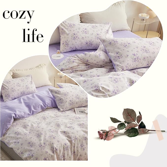 VM VOUGEMARKET Girls Duvet Cover with Purple Flower 100% Cotton Elegant Lavender Floral Bedding Set Queen Cottagecore Comforter Cover Set
