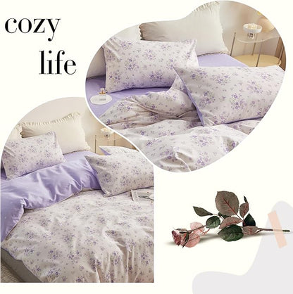 VM VOUGEMARKET Girls Duvet Cover with Purple Flower 100% Cotton Elegant Lavender Floral Bedding Set Queen Cottagecore Comforter Cover Set