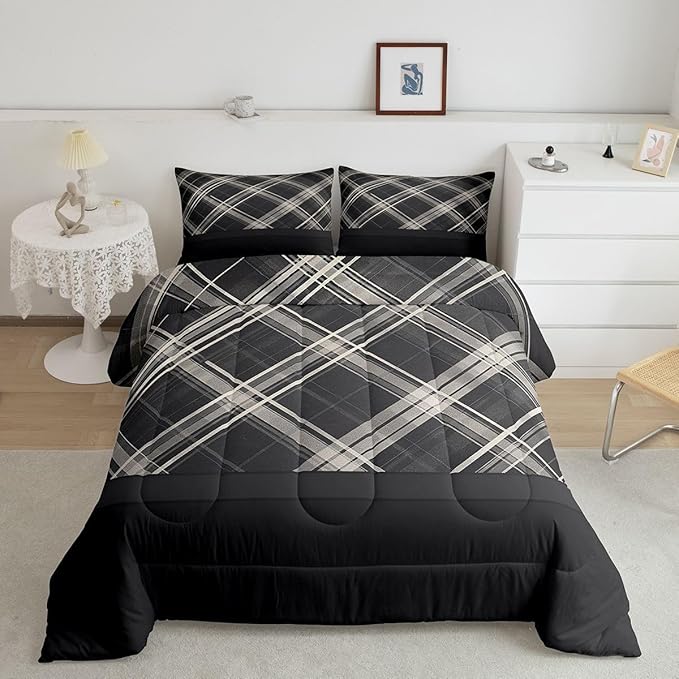 Erosebridal Grey Plaid Comforter Sets Queen,Grey Printed and Spliced Plaid Herringbone Bedding Set for Adult,Farmhouse Grey Quilt Set,Modern Simple Lattice Duvet Insert with 2 Pillowcases Lightweight