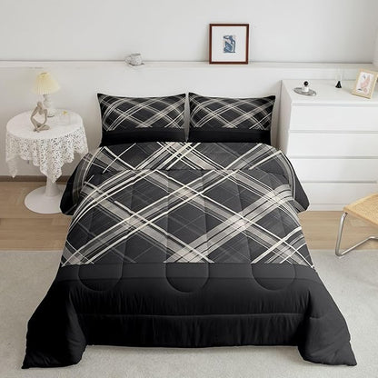Erosebridal Grey Plaid Comforter Sets Full,Grey Printed and Spliced Plaid Herringbone Bedding Set for Adult,Farmhouse Grey Quilt Set,Modern Simple Lattice Duvet Insert with 2 Pillowcases Lightweight