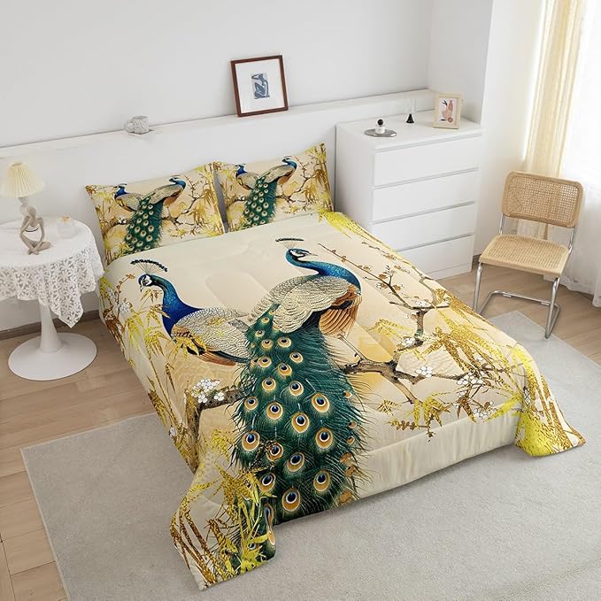 Castle Fairy Vintage Peacock Bedding Set King Size Japanese Style Comforter Set for Kids Teens Room Decor Wild Birds Animal Duvet Insert Golden Leaves Down Comforter Set with 2 Pillowcases