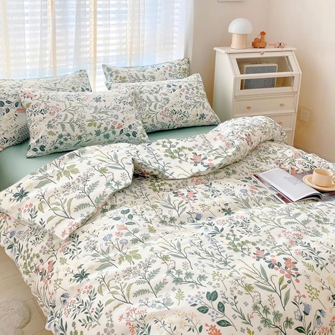 VM VOUGEMARKET Twin XL Comforter Set 3 Pieces Green White Flower Botanical Comforter with 2 Pillowcases Microfiber Cottagecore Bedding Set Twin