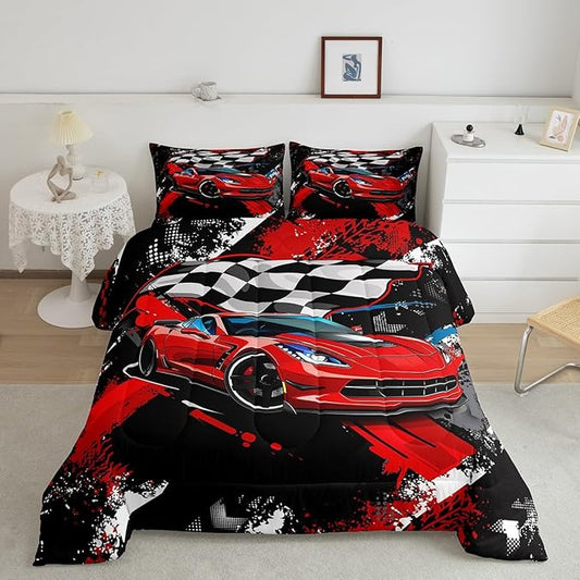 Car Bedding Set For Boys Cool Racing Sports Car Comforter Cover for Kids Children Extreme Sports Theme Comforter Modern Red Automobile Duvet Set Room Decor 1 Comforter With 1 Pillow Case Twin Size