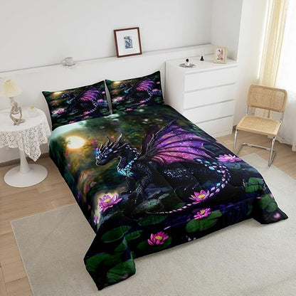 Feelyou Dragon Comforter Set Toddler Size Dragon Stuff Comforter for Boys Girls Teens Wild Life Bedding Set Lotus Flower Duvet Set Room Decor Green Purple Quilt Set