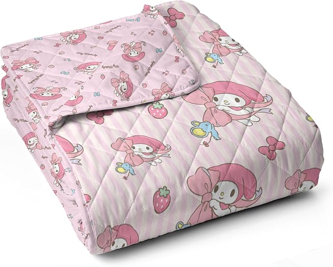 Northwest Sanrio My Melody Stripes Quilted Throw, Kawaii Comfy Reversible Throw, Gift for Anime Fans, Soft & Cozy for Chair or Couch, 60 x 80 inches