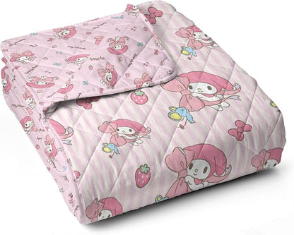 Northwest Sanrio My Melody Stripes Quilted Throw, Kawaii Comfy Reversible Throw, Gift for Anime Fans, Soft & Cozy for Chair or Couch, 60 x 80 inches