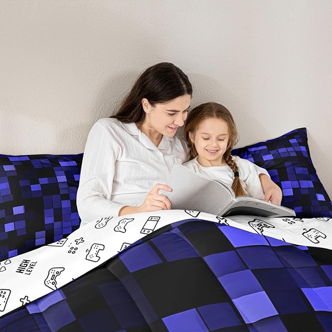 Pixelated Miners Game Kids Bedding Set King Size,Video Games Cartoon Gamepad Comforter Set，Modern Geometric Check Quilt Comforter,Dark Blue Bedroom Duvet Insert,2 Pillowcases