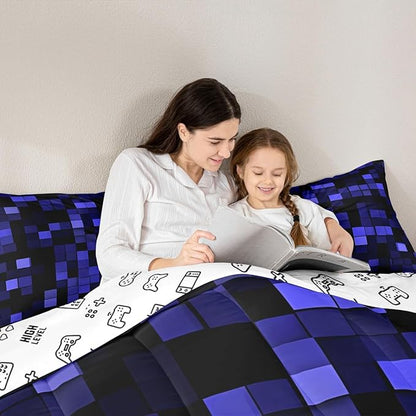 Pixelated Miners Game Kids Bedding Set King Size,Video Games Cartoon Gamepad Comforter Set，Modern Geometric Check Quilt Comforter,Dark Blue Bedroom Duvet Insert,2 Pillowcases