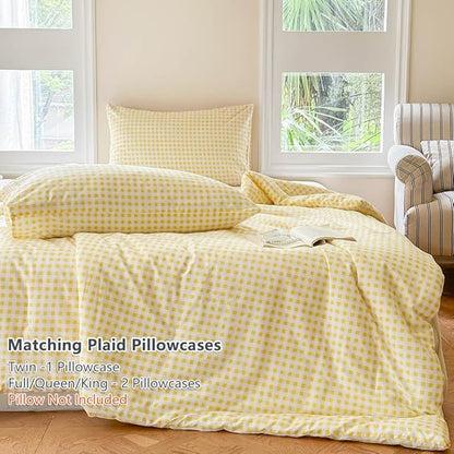 NSNLGSGC Yellow Gingham Cotton Comforter Set Twin, 100% Washed Cotton Plaid Checked Comforter Bedding, 2 Pieces Vintage Farmhouse Grid Bedding Set(Yellow Gingham, Twin)