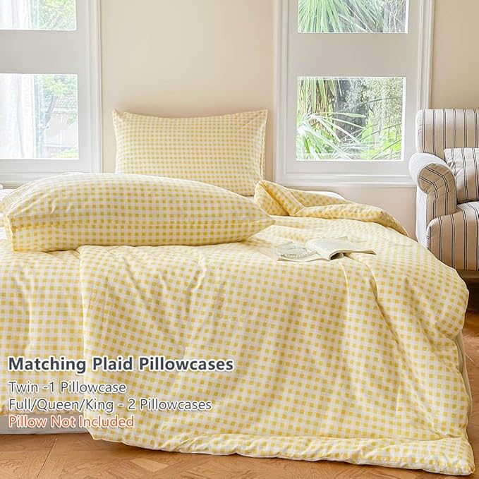 NSNLGSGC Yellow Gingham Cotton Comforter Set King, 100% Washed Cotton Red Plaid Checked Comforter Bedding, 3 Pieces Vintage Farmhouse Grid Bedding Set(Yellow Gingham, King)