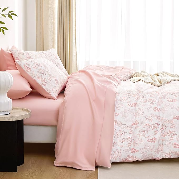 Wake In Cloud - Floral Duvet Cover Set, Botanical Vintage Flower Coquette Cottagecore Aesthetic for Women Teen Girls, Soft Lightweight Bedding, 3-Piece, Blush Pink, Queen Size