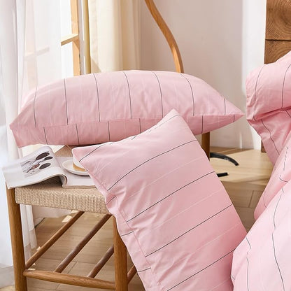 Merryword Pink Striped Duvet Cover Set King Size - 100% Cotton Bedding Set with Wide Zipper & 8 Corner Ties, Soft Breathable Bedding Set Elegant Pastel Comforter Cover for All Seasons