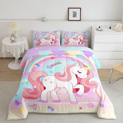 Erosebridal Unicorn Full Bedding Sets for Girls Cute Rainbow Unicorn Comforter Set Bedroom Decor for Girls Kids Horse Duvet Set Ombre Bedding Stars Magical Animal Down Comforter Reverse 3Pcs
