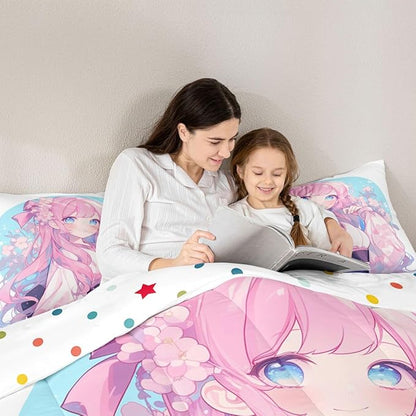 Erosebridal Girls Bedding Japanese Style Comforter Set Twin, 3D Anime Girl Duvet Insert Cartoon Kawaii Kimono Girl Bedding Comforter Sets Romantic Gifts for Her