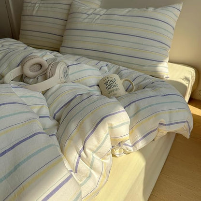 EAVD Vintage Colorful Striped Comforter Set Twin XL Soft Cotton 3-Piece Retro Vertical Striped Bedding Set with 2 Pillowcases Boho Geometric Comforter Set for All-Season(Purple&Yellow&Blue, Twin XL)