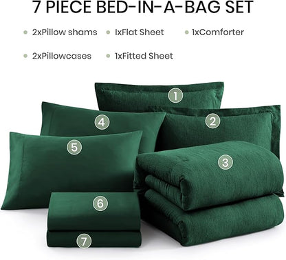 Monbix Queen Comforter Set - 7 Pieces Cationic Dyeing Emerald Green Bed in a Bag Queen Bedding Sets with Comforter, Sheets, Pillowcases & Shams, Reversible Bedding Comforters Sets