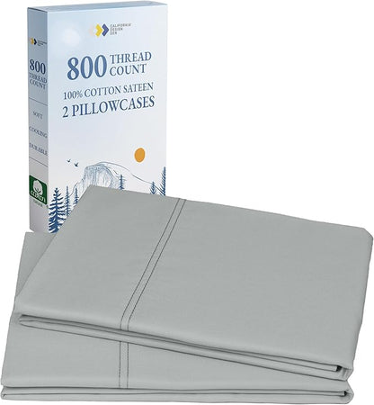 Heirloom Soft, Smooth & Thick Certified 800 Thread Count 100% Cotton Sateen, 2 Pillow Cases King Size, Fits King Pillows (Light Grey)