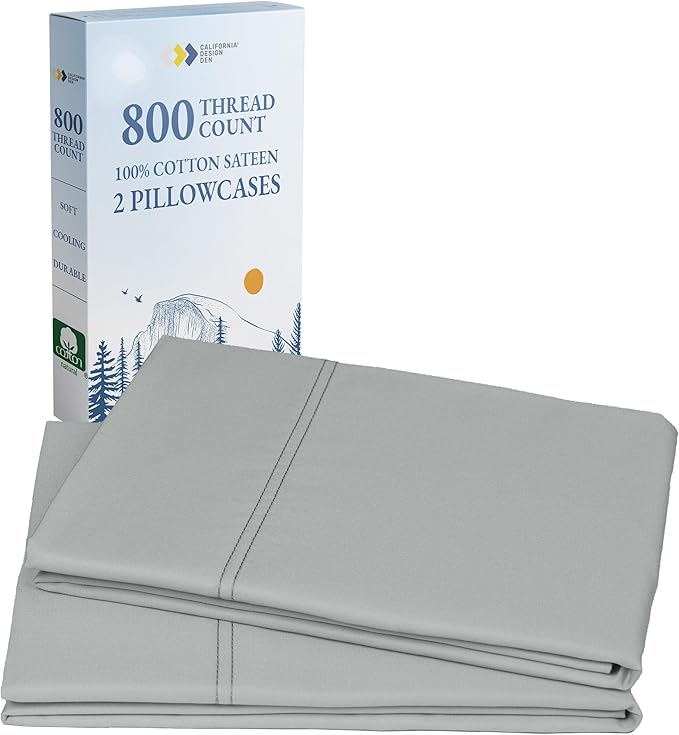Heirloom Soft, Smooth & Thick Certified 800 Thread Count 100% Cotton Sateen, 2 Pillow Cases Standard Size Fits Standard & Queen Size Pillows (Light Grey)