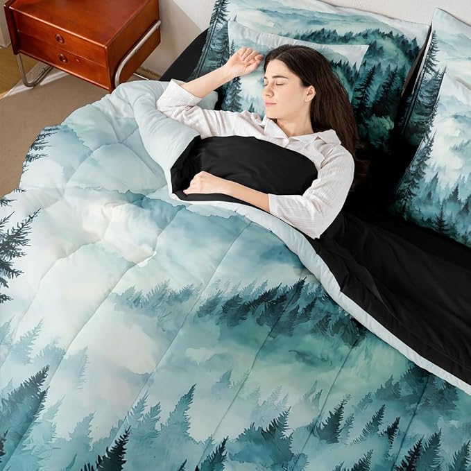 Erosebridal Green Teal Misty Forest King Comforter Set with Sheets 7 Piece Mountain Foggy Woodland Bed in A Bag Rustic Pine Tree Bedding Sets for Kids Adults,Watercolor Nature Theme Bed Set