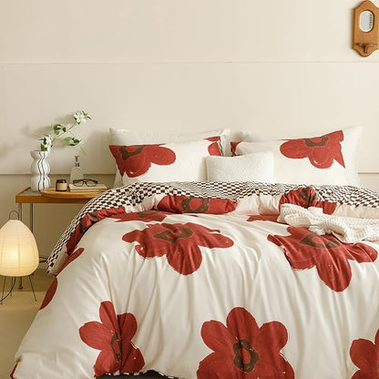 KAREVER Red Floral Comforter King White with Red Flower Bedding Set 3 PCs Comforter Set King Size Comforter (104x90 Inches) with 2 Pillowcases (26x36 inches)